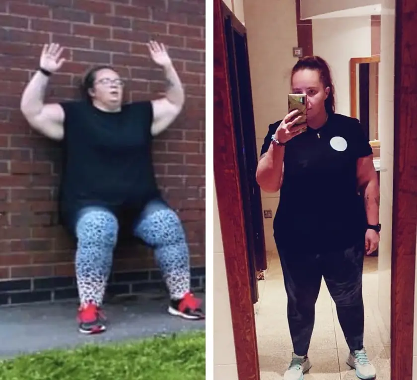 A before and after pair of one of Lucy's clients: before, doing a wall sit against a brick wall outdoors; after, taking a mirror selfie.