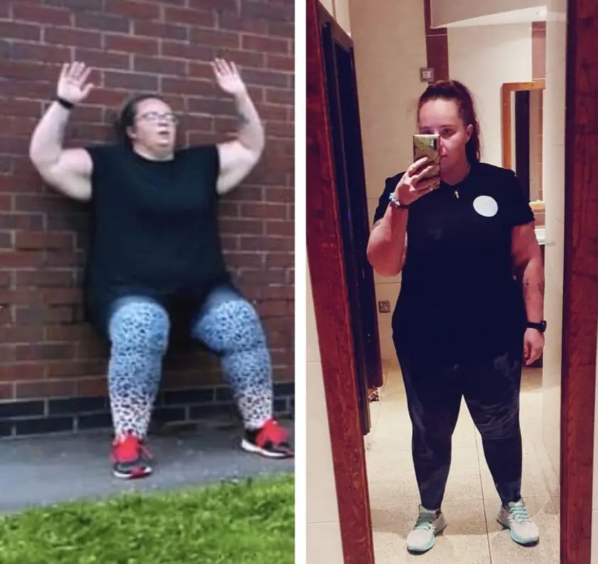 A before and after pair of a client: before, doing a wall sit against a brick wall outdoors; after, taking a mirror selfie, each side labelled by Lucy.