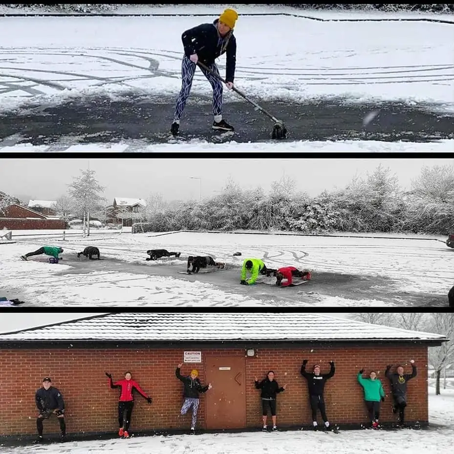 Lucy's crew training outdoors in the snow: clearing the ground, doing floor work on snowy grass, and posing arms up by a brick building.