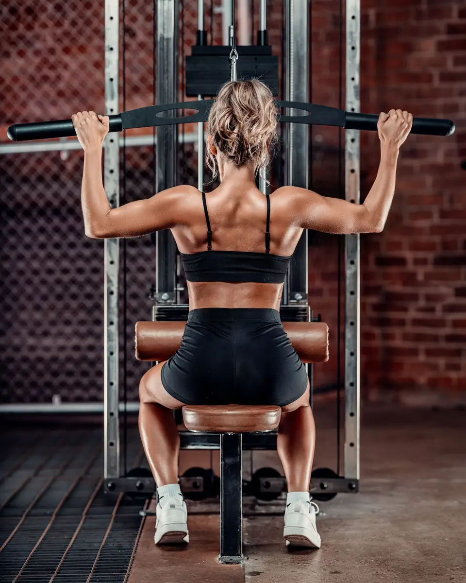 Lucy sitting on a weight bench in front of grey metal lockers.