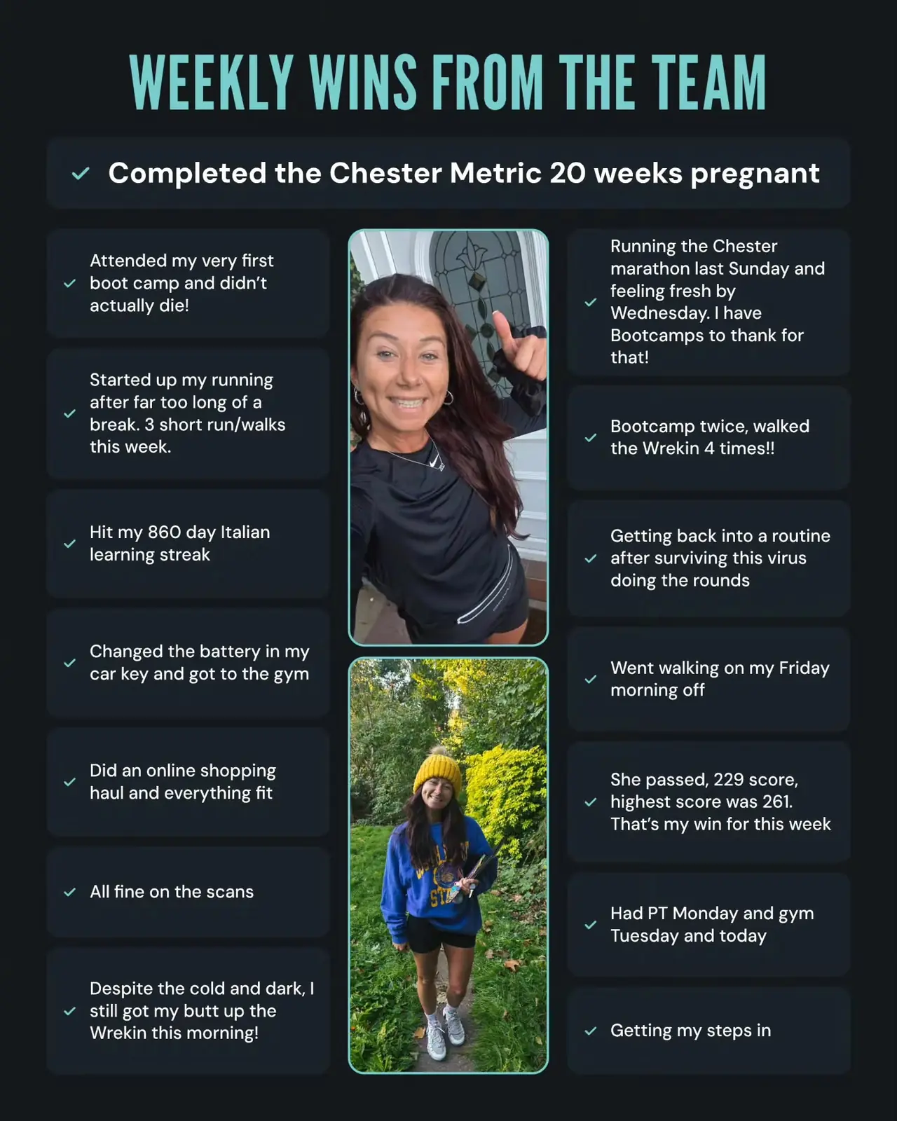 Lucy's Weekly wins from the team graphic on Instagram: a list of client wins either side of two photos of smiling clients.