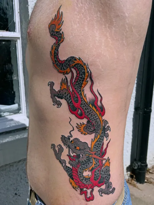 Japanese dragon in full colour running down the ribs