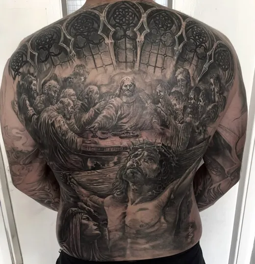 The Last Supper recreated in black and grey across a full back