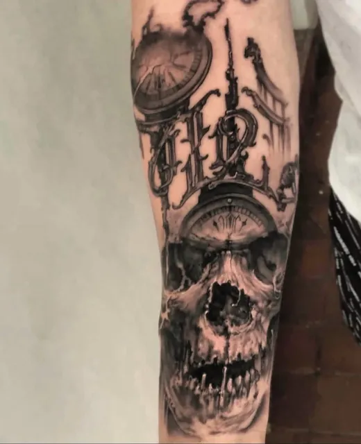 Skull beneath a melting timepiece in black and grey on the forearm