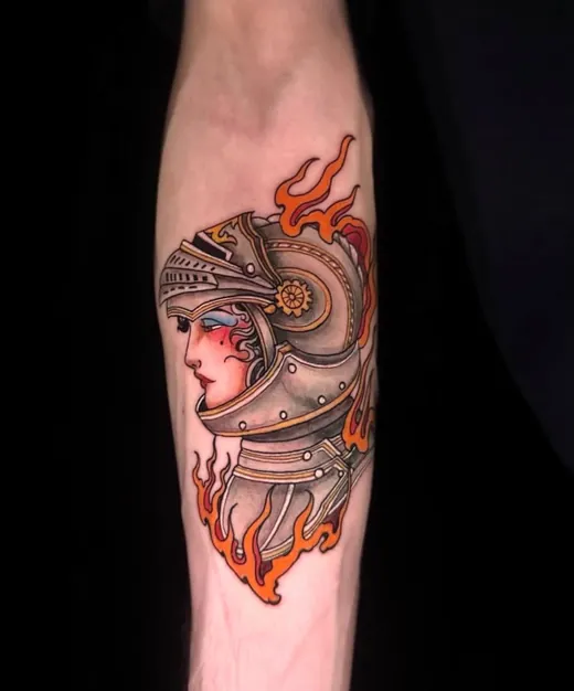 Neo-traditional warrior maiden in colour on the forearm