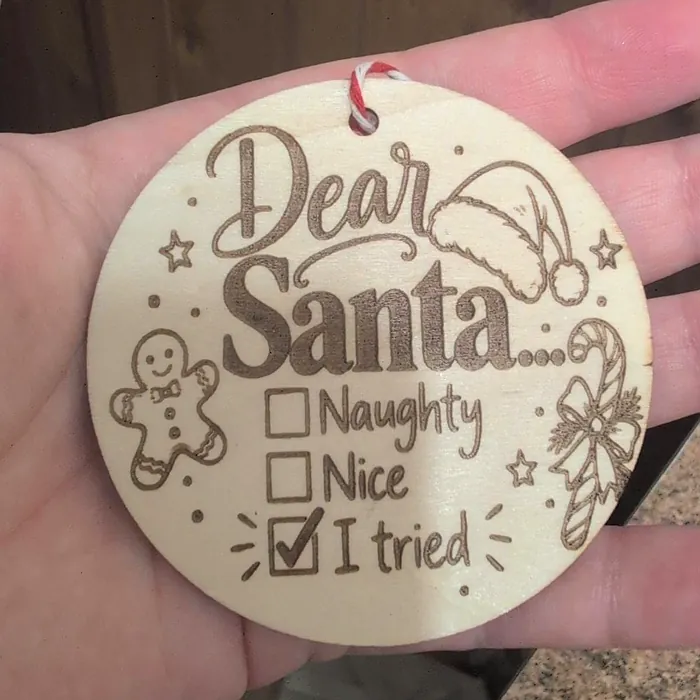 An open hand holding a round wooden bauble engraved 'Dear Santa' with tick boxes for Naughty, Nice and I tried.