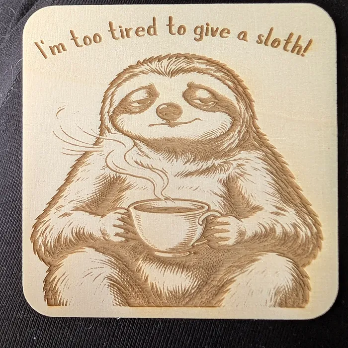 A square pine coaster engraved with a sleepy sloth holding a steaming mug and the words 'I'm too tired to give a sloth!'.