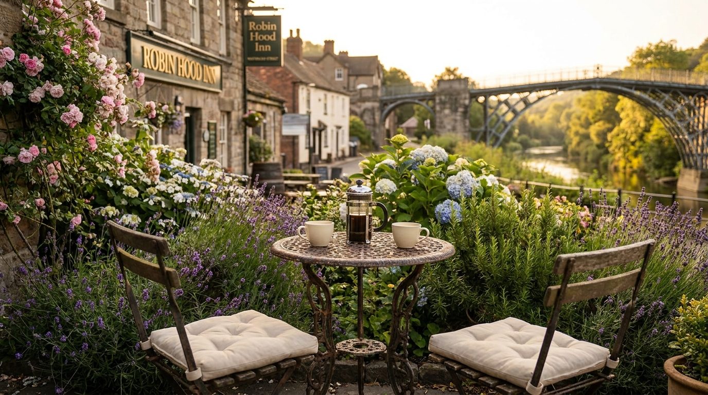 A terrace table set with coffee, looking toward the Iron Bridge