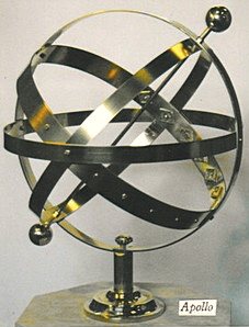An Apollo armillary fitted with burnished brass ball tips in place of the arrow head and tail.
