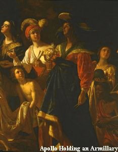 Dark old master painting of a group of figures in rich robes and turbans, one of them holding a gilt armillary sphere.