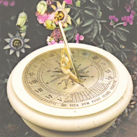 The all-brass Classic sundial resting on the top of a pale stone pedestal, its face engraved with a compass rose, Roman numerals, the Equation of Time scale and the motto SIC VITA DVM FVGIT STARE VIDETVR around the lower rim, with a curled brass gnomon casting a shadow and passion flowers growing behind it.
