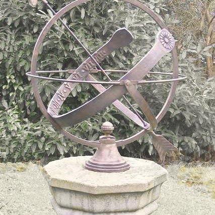 The all-bronze Europa armillary, its open Equator crossed by a full Solstitial Colure.