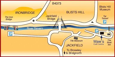 Robert's own printed map of the Ironbridge Gorge, showing the Iron Bridge, Jackfield Bridge, Blists Hill and Maw's Craft Centre beside the River Severn.