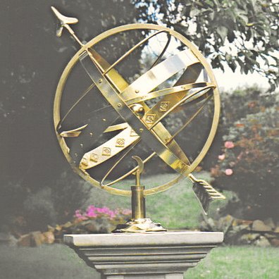 The all-brass Ecliptic armillary sphere, showing its banded rings, mounted Roman numerals and arrow gnomon.