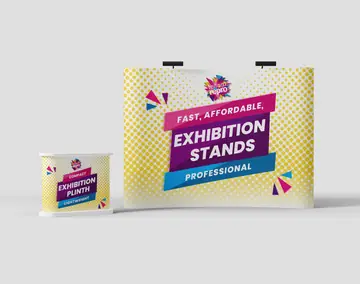 A curved exhibition stand printed with a yellow halftone dot pattern and magenta and purple banners reading fast, affordable, professional exhibition stands, with a small matching plinth counter beside it.