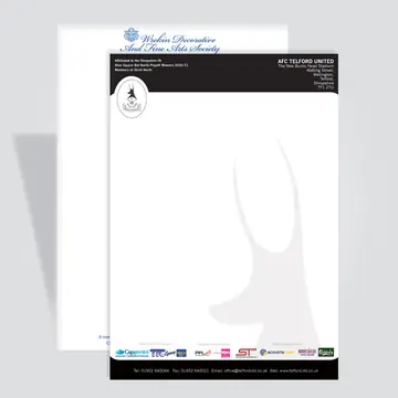 Two printed letterheads on a grey ground, one headed Wrekin Decorative and Fine Arts Society in blue script with a small crest, the other for AFC Telford United with a pale watermark and a row of sponsor logos along the foot.