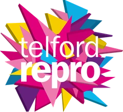 Telford Repro logo, a burst of magenta, cyan and yellow shards.