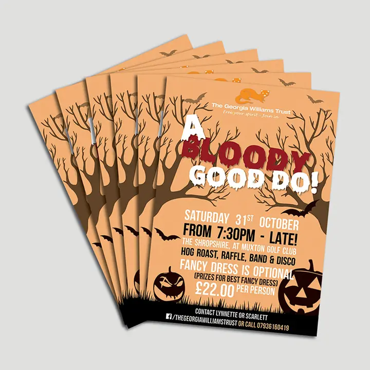 Six identical printed flyers fanned into a stack, an orange Halloween design for The Georgia Williams Trust with bare trees, bats and carved pumpkins, advertising a charity night at Muxton Golf Club on Saturday 31 October.