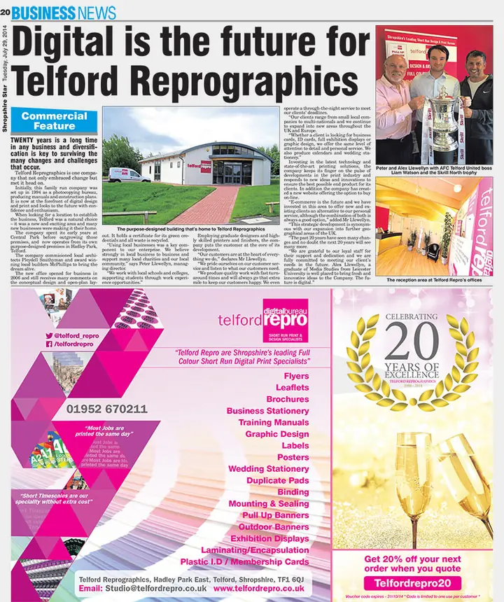 A scan of a Shropshire Star business feature headlined Digital is the future for Telford Reprographics, with photographs of the building, the reception area and three men holding a football trophy, above a full page Telford Repro advert listing their print services.