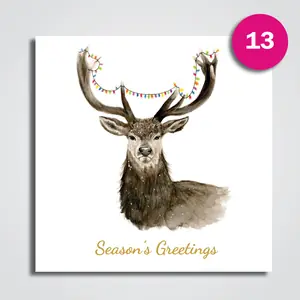 A square Christmas card with a watercolour stag, a string of coloured fairy lights hung across its antlers, and Season's Greetings in gold script.