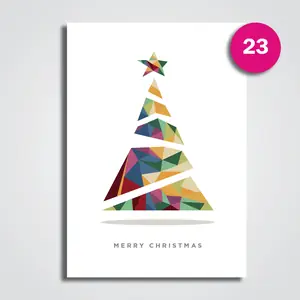 A portrait Christmas card with a Christmas tree built from coloured triangles and topped with a star, Merry Christmas printed beneath it.