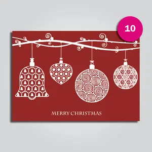 A landscape Christmas card on a deep red ground with white line drawn baubles, a bell and a heart hanging from a branch, Merry Christmas printed beneath.