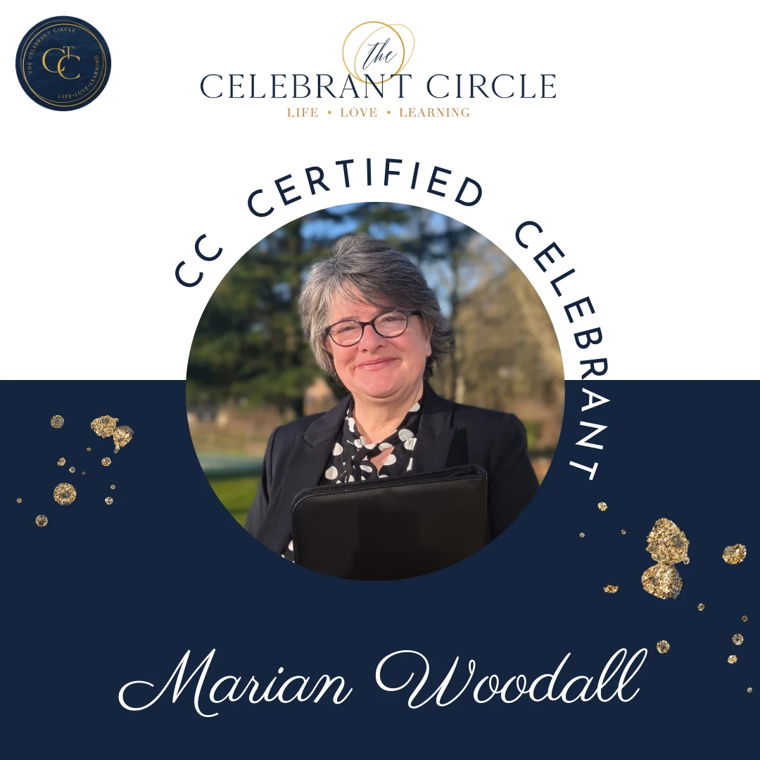 Marian Woodall's official Celebrant Circle card: her smiling photo in a circular frame, ringed by the words CC Certified Celebrant, on navy with gold flecks and her name in script.