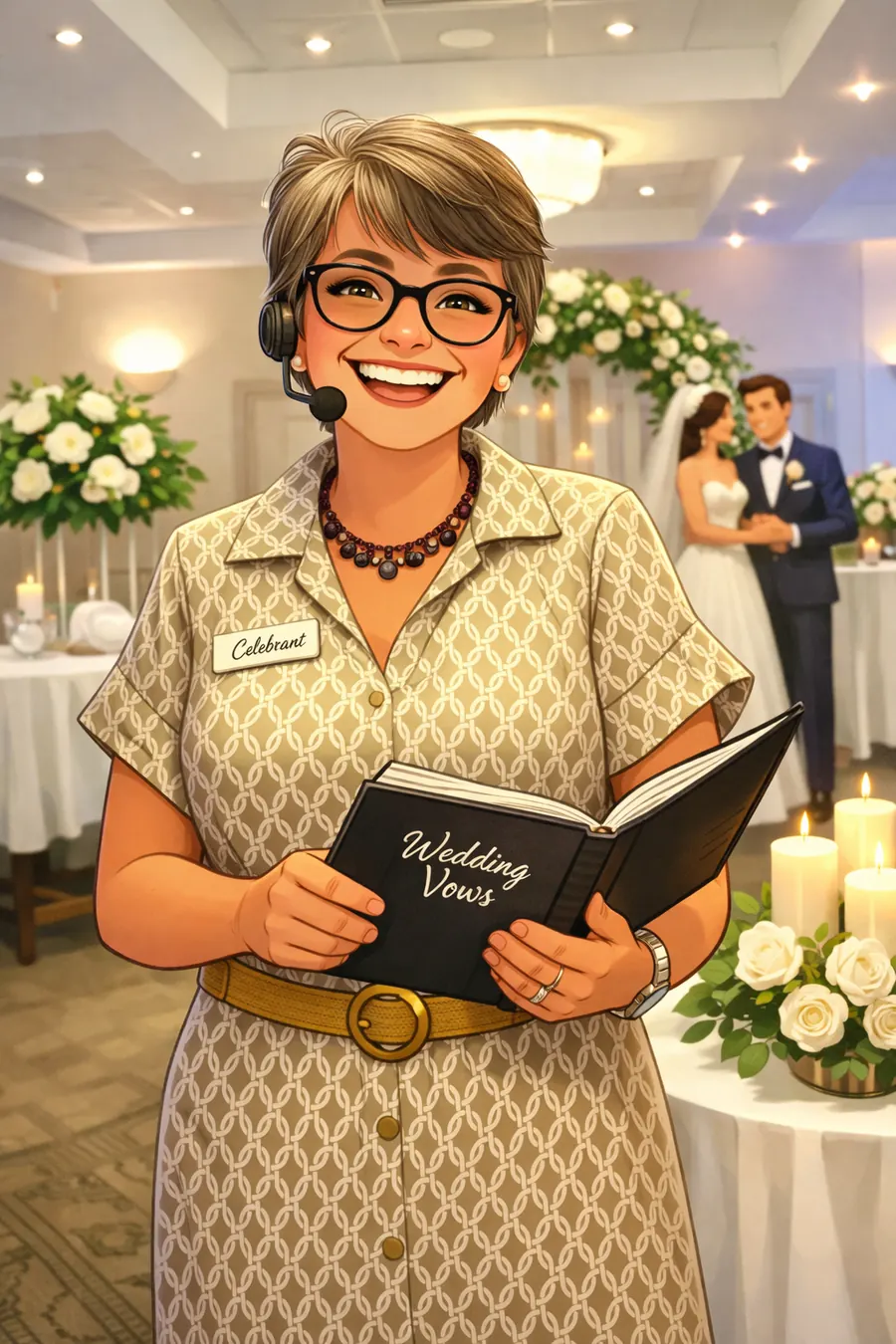 Cartoon illustration of Marian leading a wedding: she smiles broadly in glasses and a headset microphone, holding a book titled Wedding Vows, with a couple, candles and white flowers behind her.