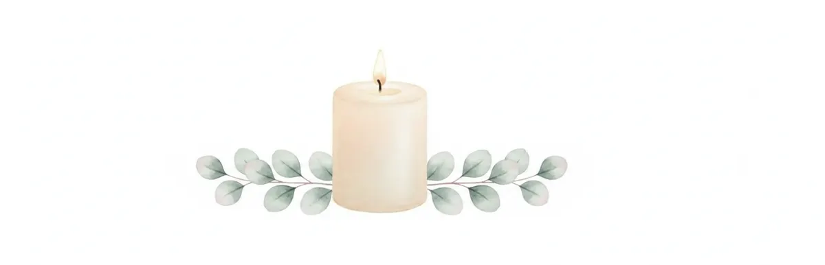 Watercolour artwork of a single lit cream candle resting among soft sage eucalyptus sprigs.