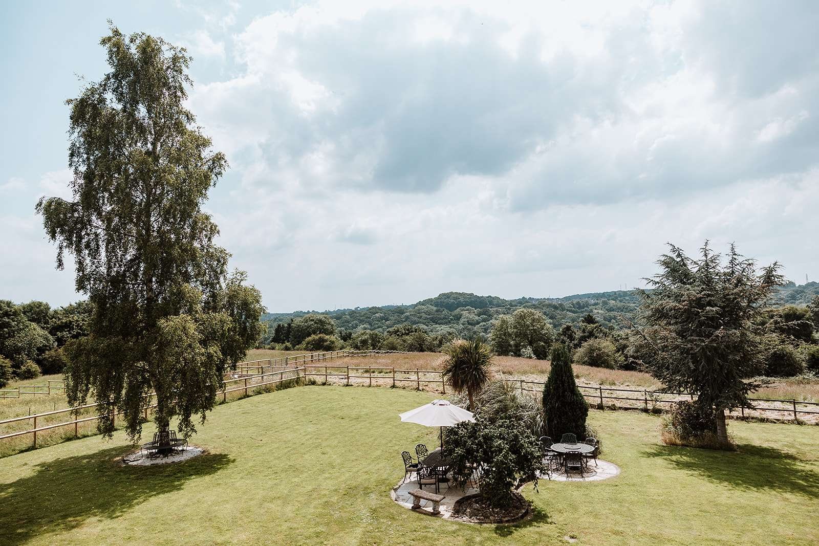 The garden at The Woodlands B&B looking out over the wooded Ironbridge Gorge